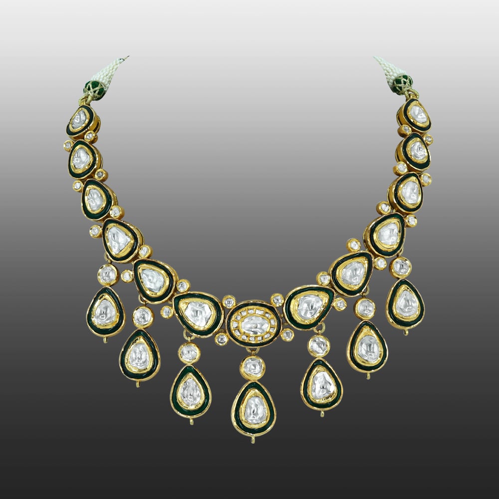Polki Necklace with Green Enamel Detailing and Bold Design